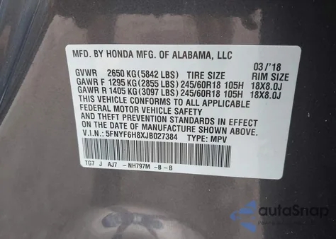 2018 Honda Pilot Ex-L from USA, damaged, VIN 5FNYF6H8XJB027384